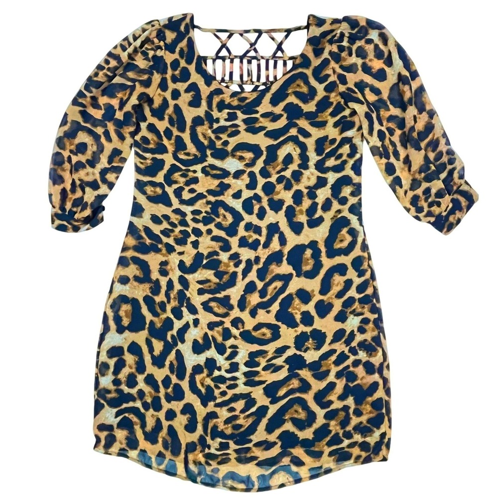 Want and Need Leopard Print Mini Dress Cage Back 3/4 Sleeve Brown Black Medium